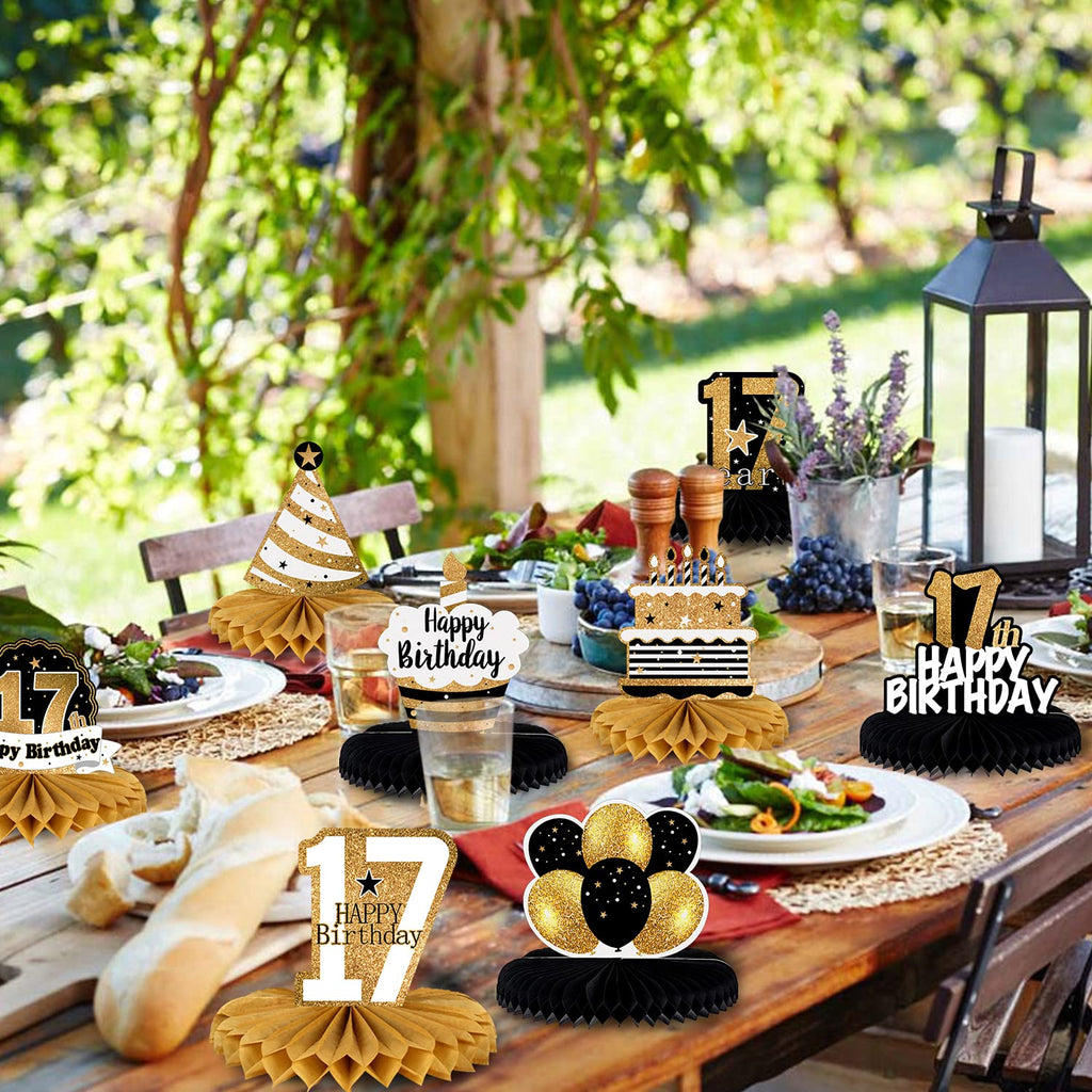 LINGTEER 8-Piece Gold Honeycomb Birthday Centerpieces for 17th Party Table Decor