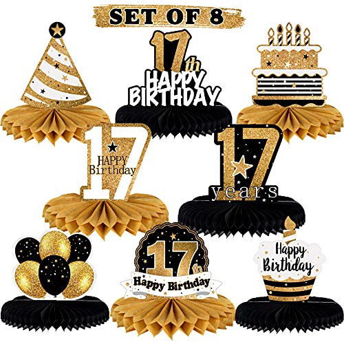 LINGTEER 8-Piece Gold Honeycomb Birthday Centerpieces for 17th Party Table Decor