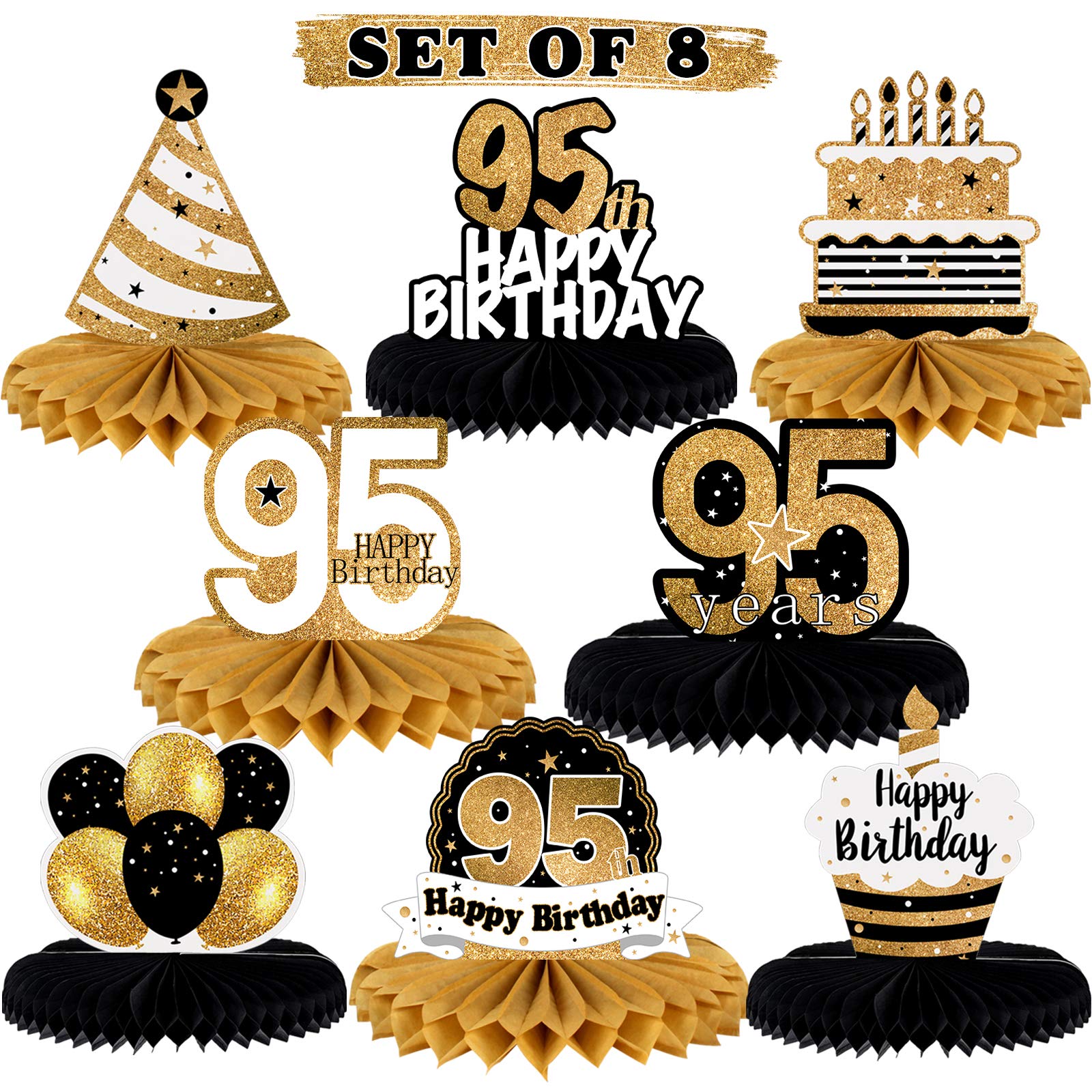 LINGTEER 95th Birthday Honeycomb Centerpieces - 8 Gold Table Decorations for 95 Years Old Party