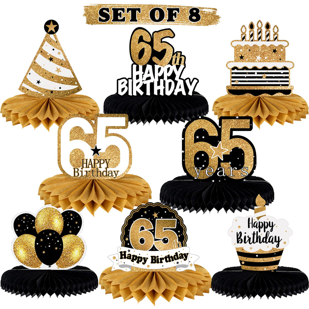 LINGTEER Gold 65th Birthday Table Honeycomb Centerpieces – Set of 8 Cheers to 65th Birthday Decor