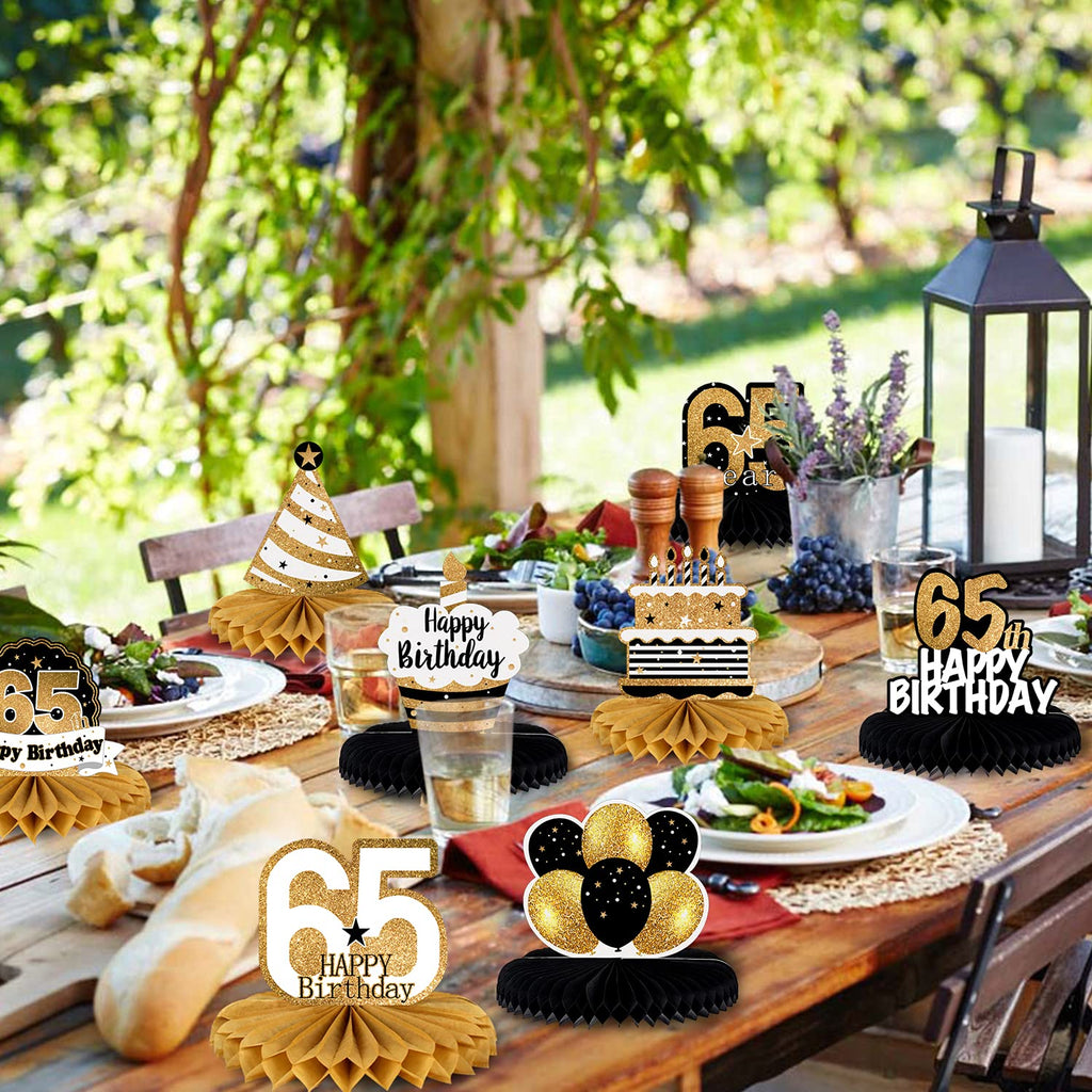 LINGTEER Gold 65th Birthday Table Honeycomb Centerpieces – Set of 8 Cheers to 65th Birthday Decor