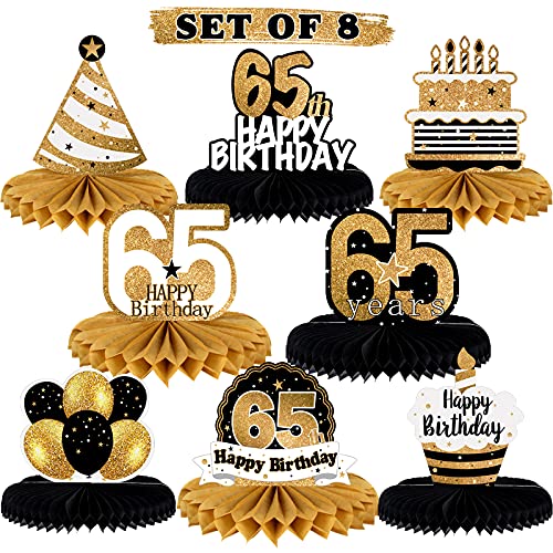 LINGTEER Gold 65th Birthday Table Honeycomb Centerpieces – Set of 8 Cheers to 65th Birthday Decor