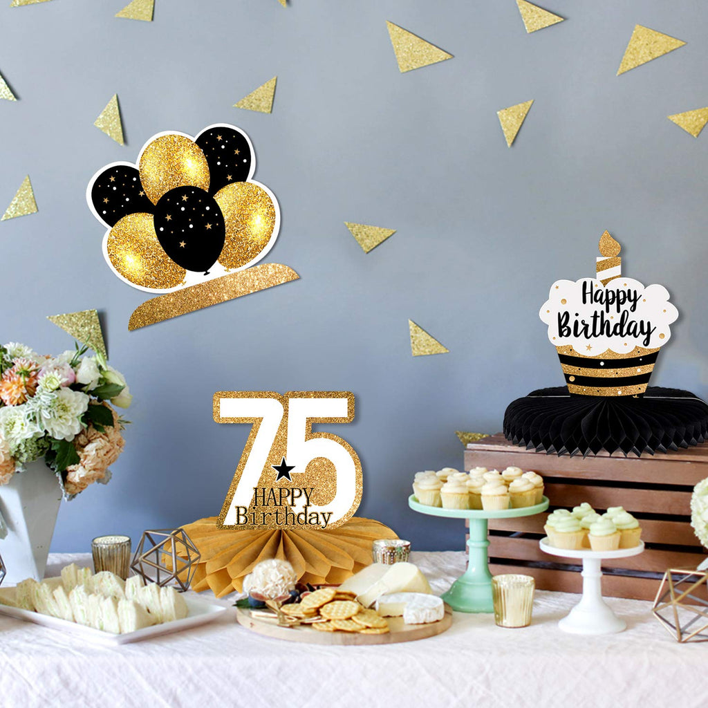 LINGTEER Gold 75th Birthday Centerpieces - 8 Honeycomb Table Decorations with Easy Assembly