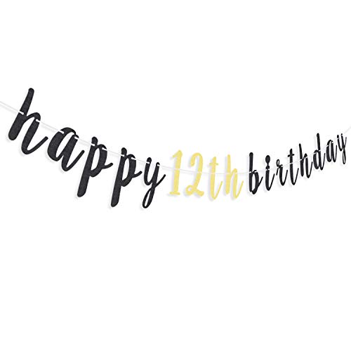 LINGTEER Happy 12th Birthday Glitter Banner – 6.7ft Black & Gold Decor