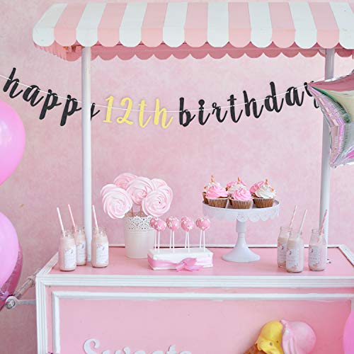 LINGTEER Happy 12th Birthday Glitter Banner – 6.7ft Black & Gold Decor