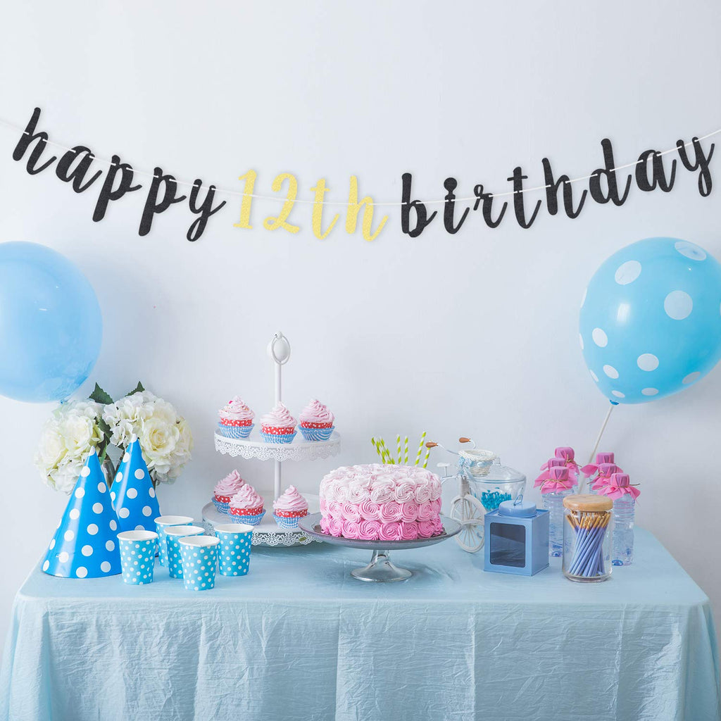 LINGTEER Happy 12th Birthday Glitter Banner – 6.7ft Black & Gold Decor
