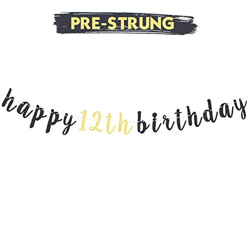 LINGTEER Happy 12th Birthday Glitter Banner – 6.7ft Black & Gold Decor