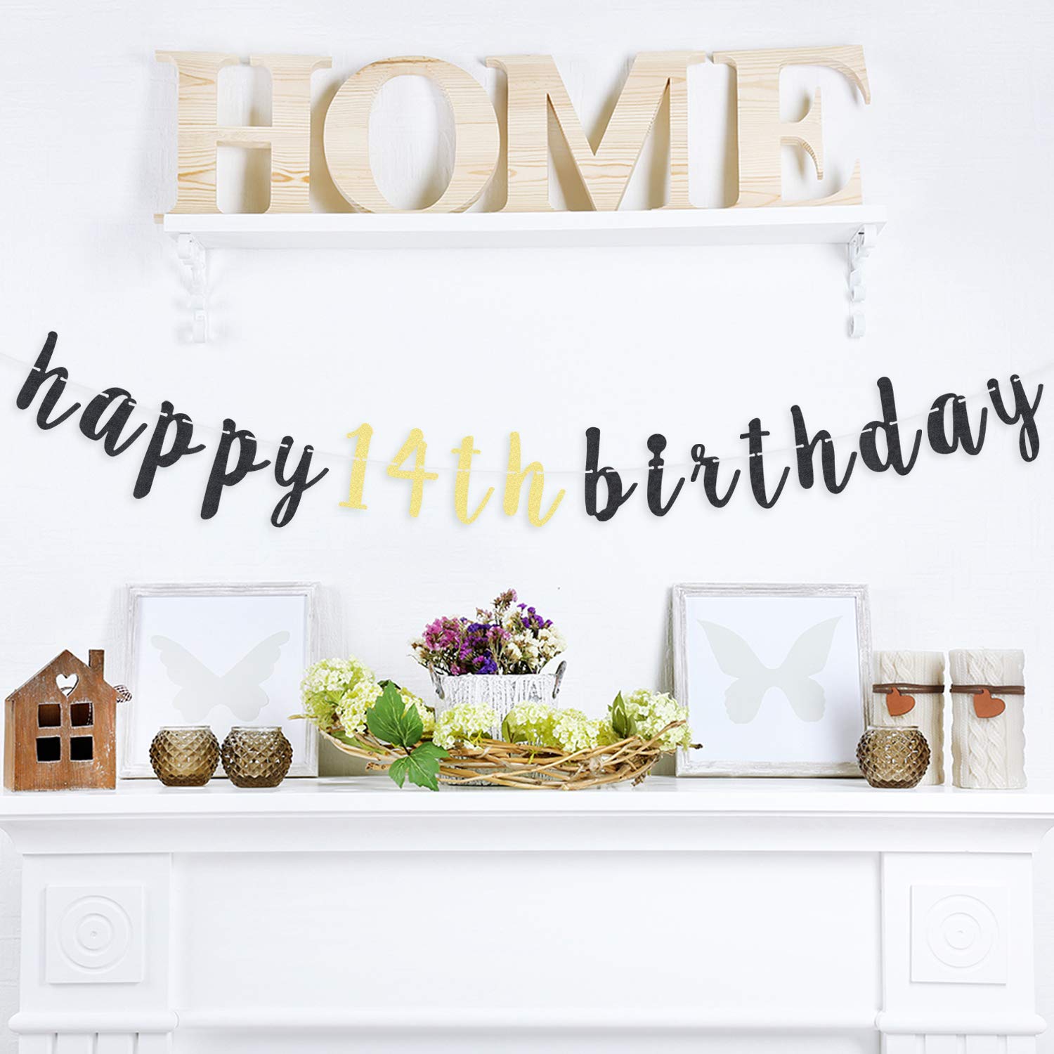 LINGTEER Happy 14th Birthday Glitter Garland Banner - Cheers to Fourteen Years Old Bday Party Backdrop Decoration