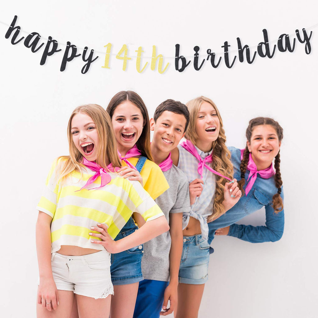 LINGTEER Happy 14th Birthday Glitter Garland Banner - Cheers to Fourteen Years Old Bday Party Backdrop Decoration