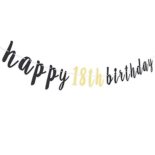 LINGTEER Happy 18th Birthday Glitter Garland Banner - 6.7ft Black/Gold Party Decoration