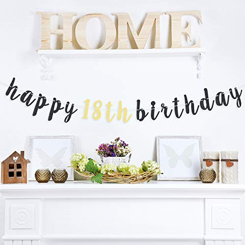 LINGTEER Happy 18th Birthday Glitter Garland Banner - 6.7ft Black/Gold Party Decoration
