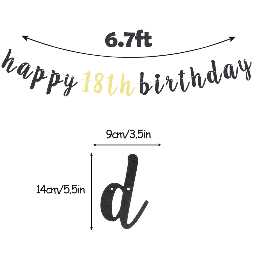 LINGTEER Happy 18th Birthday Glitter Garland Banner - 6.7ft Black/Gold Party Decoration