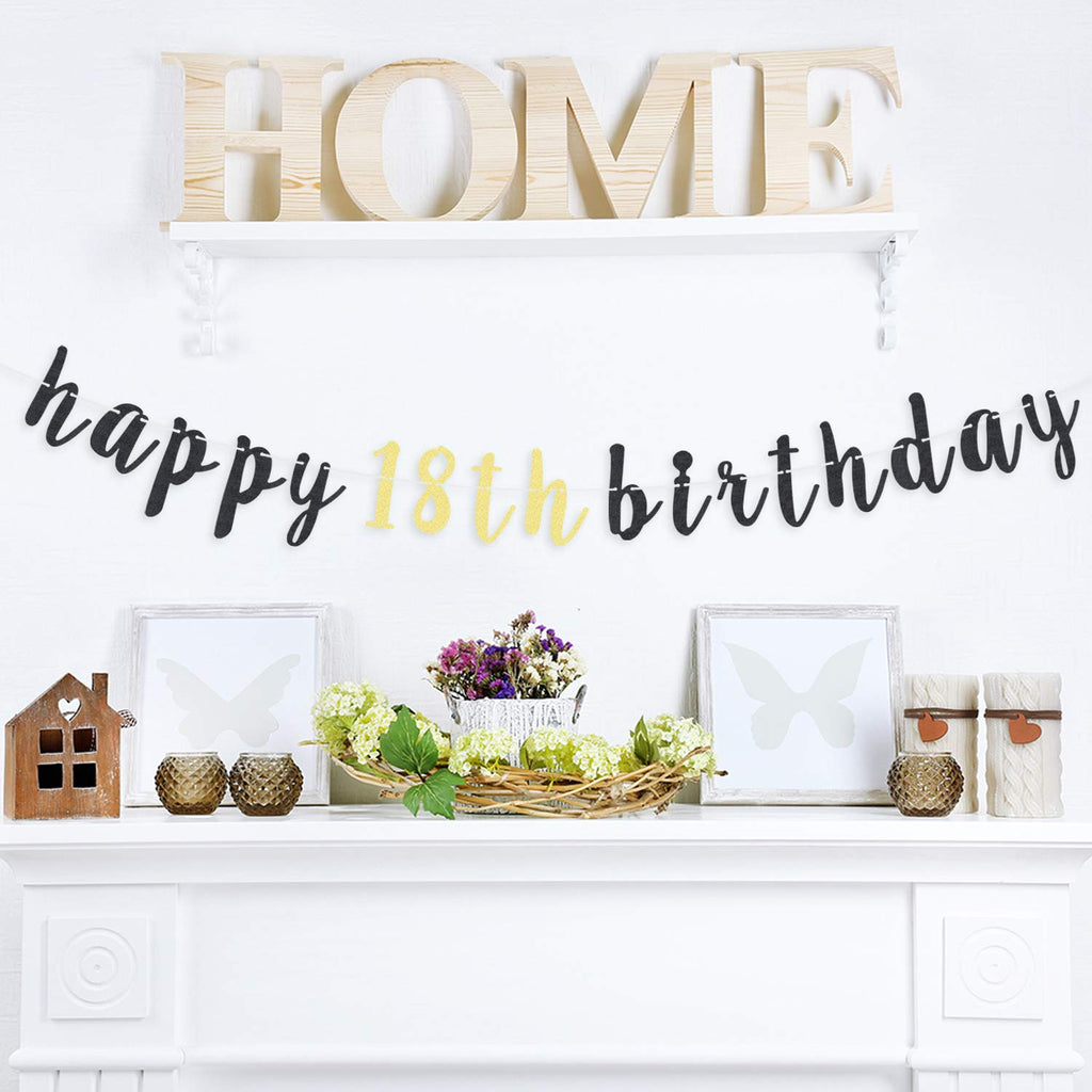 LINGTEER Happy 18th Birthday Glitter Garland Banner - 6.7ft Black/Gold Party Decoration