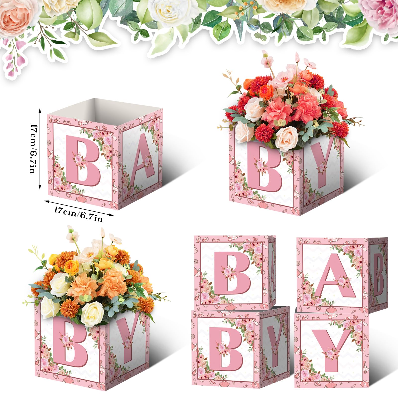 LINGTEER Pink Floral Baby Shower Centerpieces - Set of 6 DIY Paper Flower Boxes for Party Decor