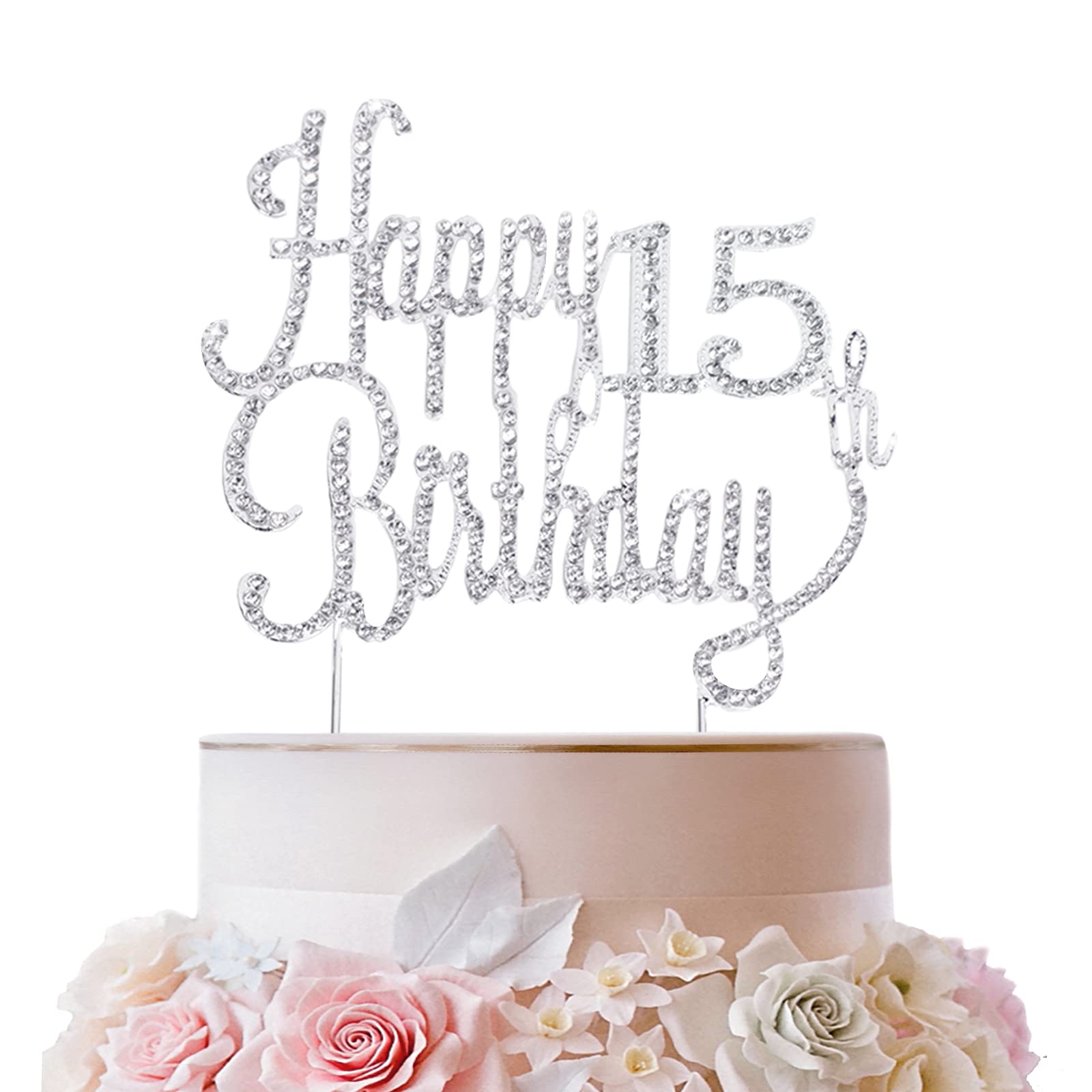 LINGTEER Silver Rhinestone 'Cheers to 15' Cake Topper – Sparkly 15th Birthday Decoration for Kids