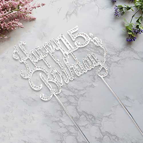 LINGTEER Silver Rhinestone 'Cheers to 15' Cake Topper – Sparkly 15th Birthday Decoration for Kids