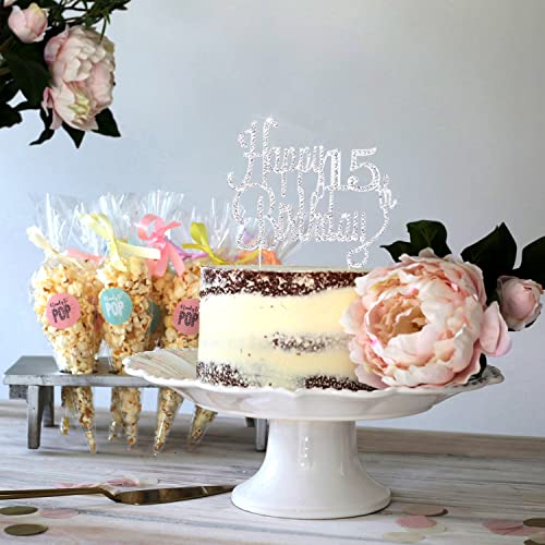 LINGTEER Silver Rhinestone 'Cheers to 15' Cake Topper – Sparkly 15th Birthday Decoration for Kids