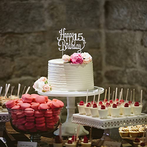 LINGTEER Silver Rhinestone 'Cheers to 15' Cake Topper – Sparkly 15th Birthday Decoration for Kids