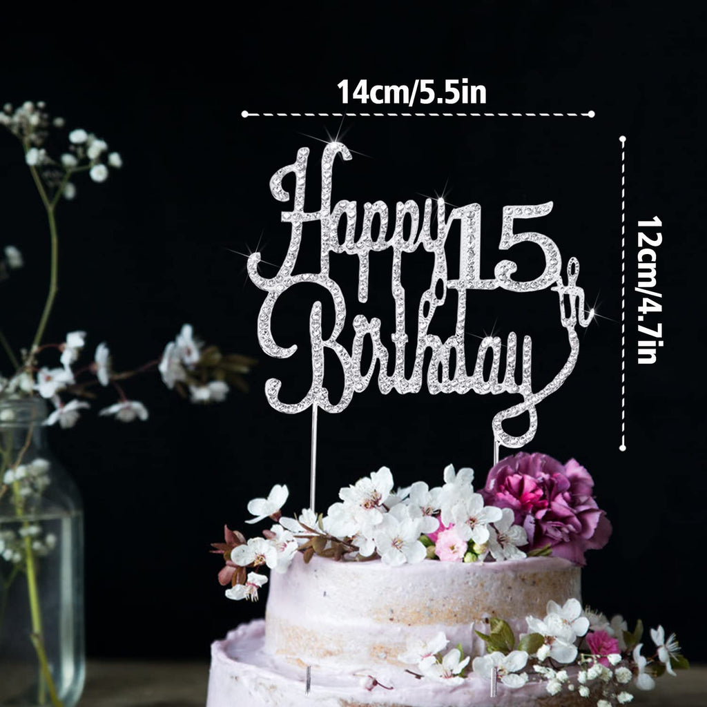 LINGTEER Silver Rhinestone 'Cheers to 15' Cake Topper – Sparkly 15th Birthday Decoration for Kids