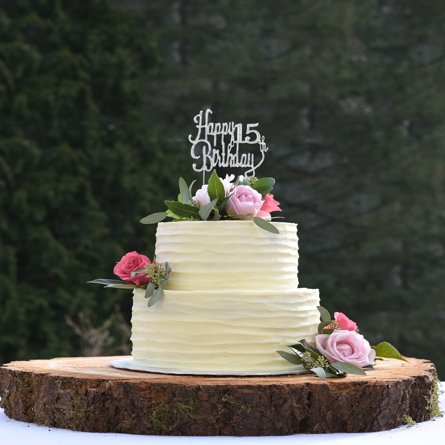 LINGTEER Silver Rhinestone 'Cheers to 15' Cake Topper – Sparkly 15th Birthday Decoration for Kids