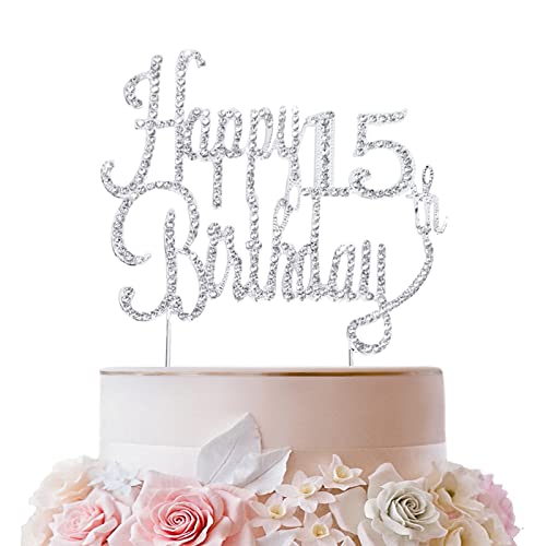 LINGTEER Silver Rhinestone 'Cheers to 15' Cake Topper – Sparkly 15th Birthday Decoration for Kids