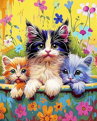 Linkmonde Paint by Numbers Kit – Colorful Cute Cat, 16x20 Inch DIY Canvas for Teens and Beginners