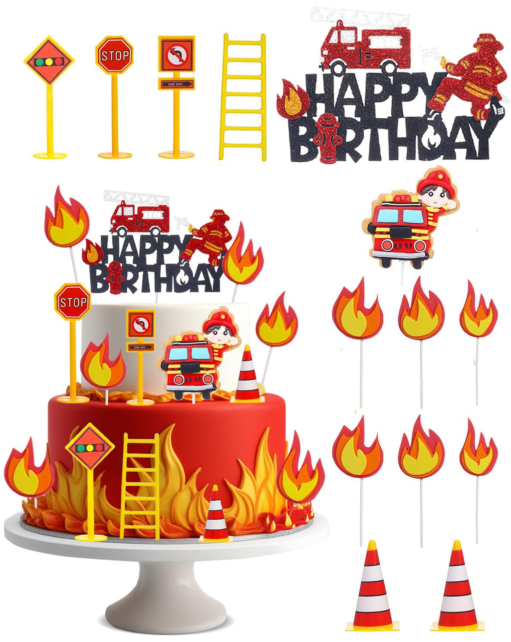 Liobelon 14-Piece Fire Truck Cake Topper Set: Firefighter Birthday Decorations for Kids, Fireman Themed Party Supplies for Cakes & Cupcakes