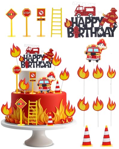 Liobelon 14-Piece Fire Truck Cake Topper Set: Firefighter Birthday Decorations for Kids, Fireman Themed Party Supplies for Cakes & Cupcakes