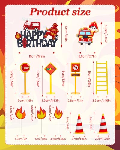 Liobelon 14-Piece Fire Truck Cake Topper Set: Firefighter Birthday Decorations for Kids, Fireman Themed Party Supplies for Cakes & Cupcakes