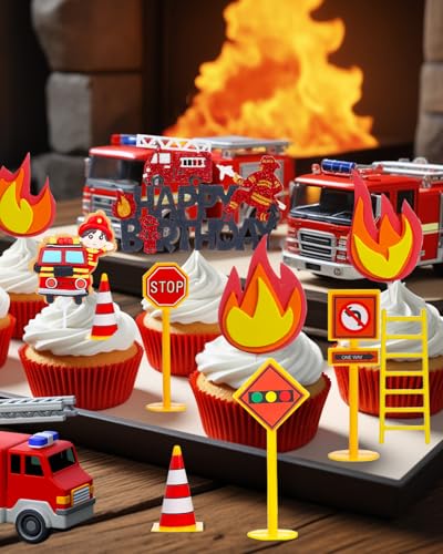 Liobelon 14-Piece Fire Truck Cake Topper Set: Firefighter Birthday Decorations for Kids, Fireman Themed Party Supplies for Cakes & Cupcakes