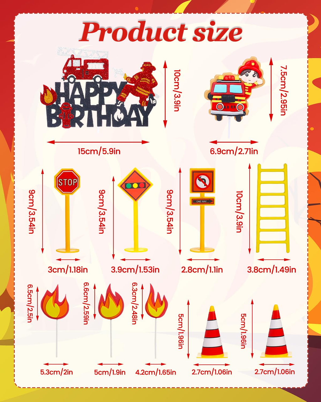 Liobelon 14-Piece Fire Truck Cake Topper Set: Firefighter Birthday Decorations for Kids, Fireman Themed Party Supplies for Cakes & Cupcakes