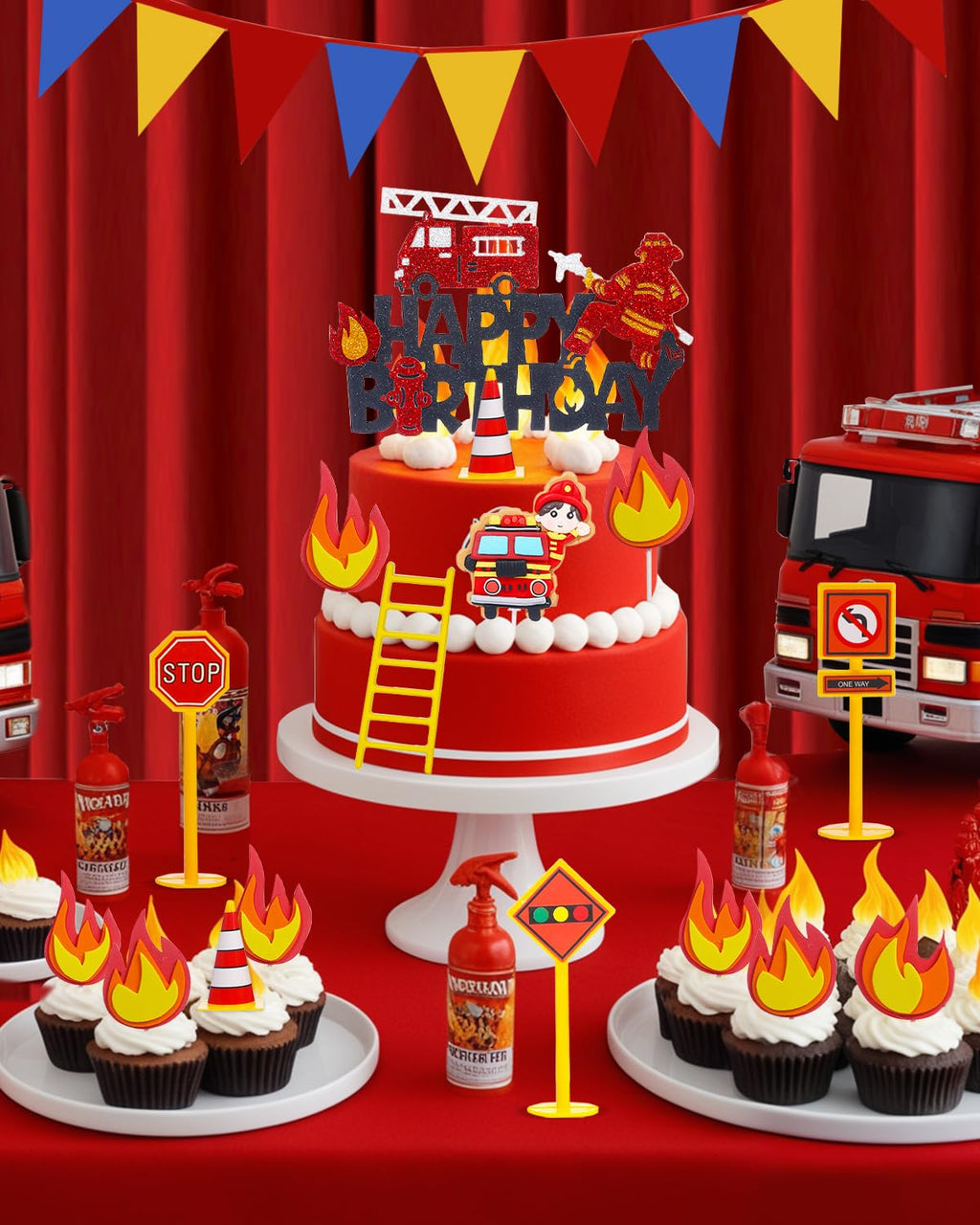 Liobelon 14-Piece Fire Truck Cake Topper Set: Firefighter Birthday Decorations for Kids, Fireman Themed Party Supplies for Cakes & Cupcakes
