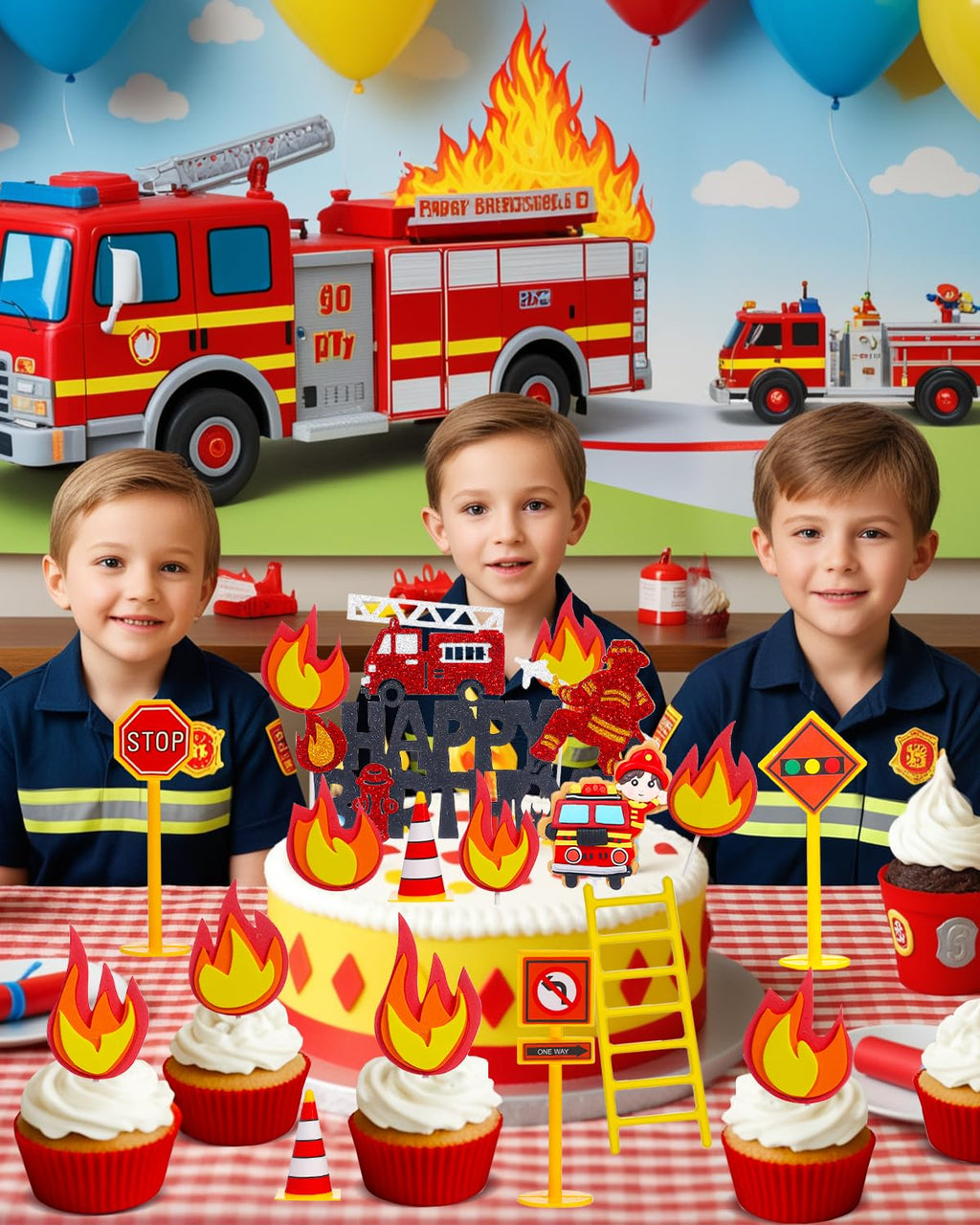 Liobelon 14-Piece Fire Truck Cake Topper Set: Firefighter Birthday Decorations for Kids, Fireman Themed Party Supplies for Cakes & Cupcakes