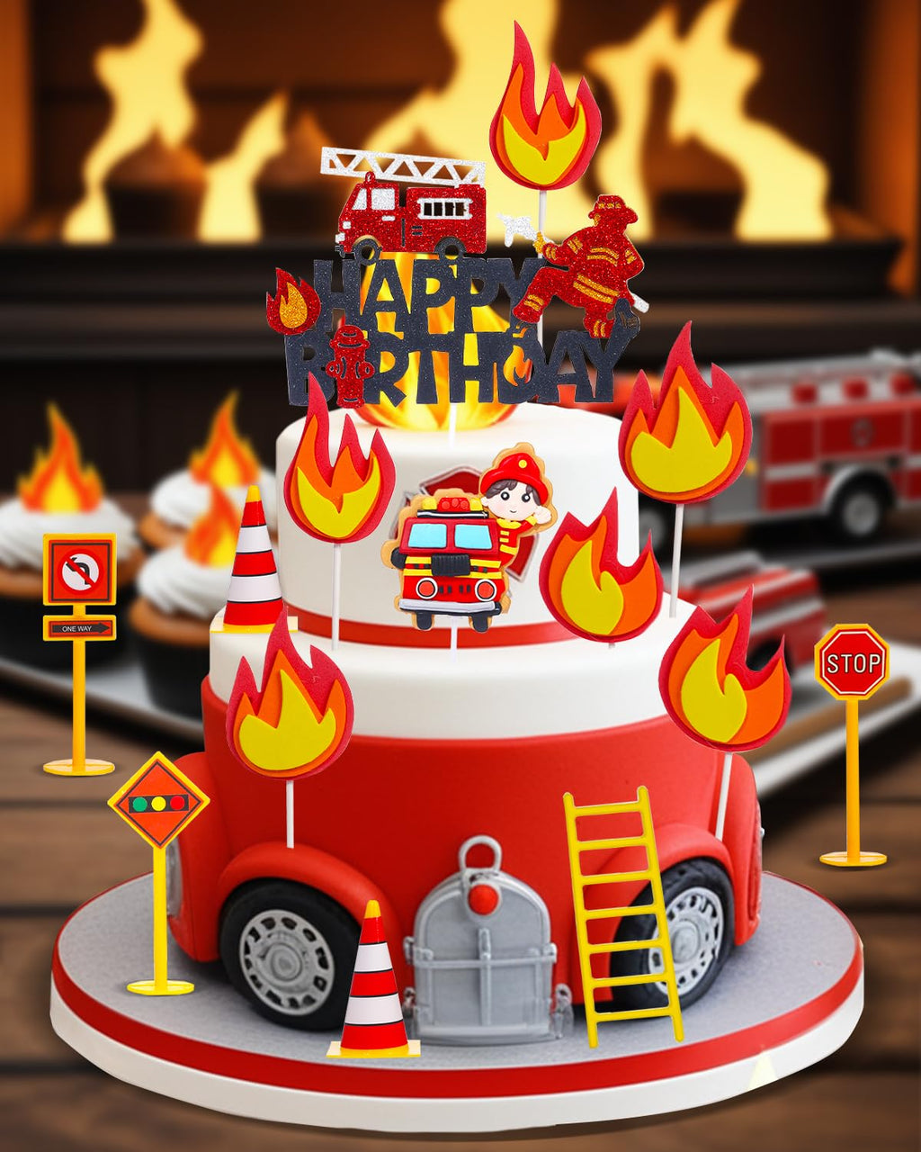 Liobelon 14-Piece Fire Truck Cake Topper Set: Firefighter Birthday Decorations for Kids, Fireman Themed Party Supplies for Cakes & Cupcakes