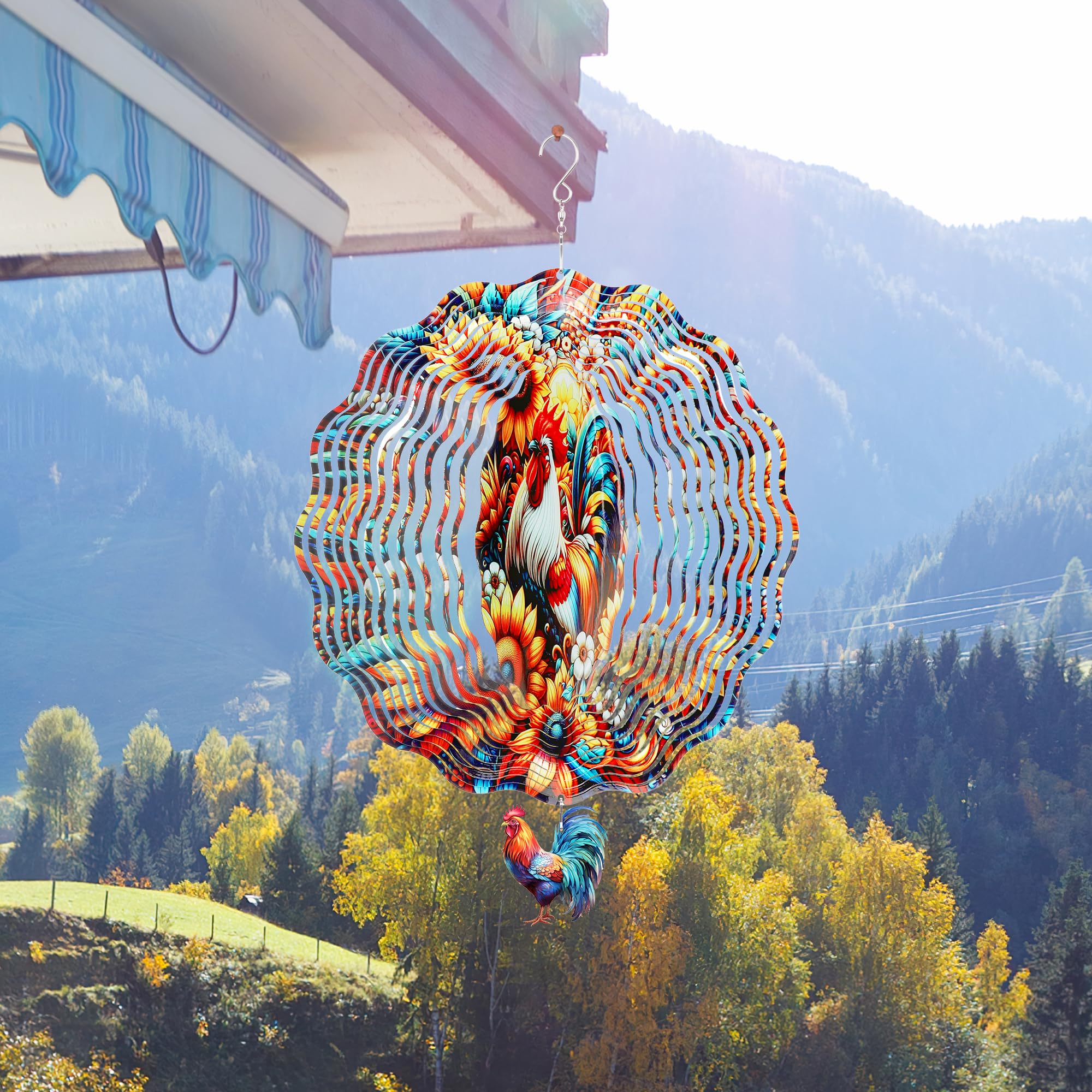 LIRAVENO Chicken Wind Spinner - 3D Kinetic Metal Rooster Sculpture for Outdoor Garden Decor