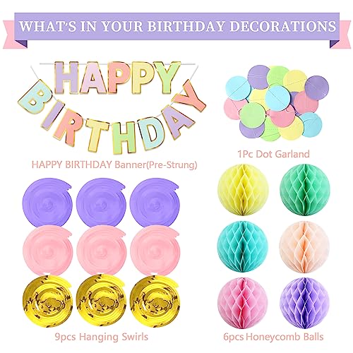 LITAUS Macaron Pastel Birthday Decorations Kit – 17-Piece Pre-Strung Set for Girls, Teens & Adults