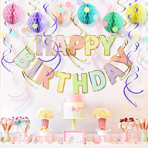 LITAUS Macaron Pastel Birthday Decorations Kit – 17-Piece Pre-Strung Set for Girls, Teens & Adults