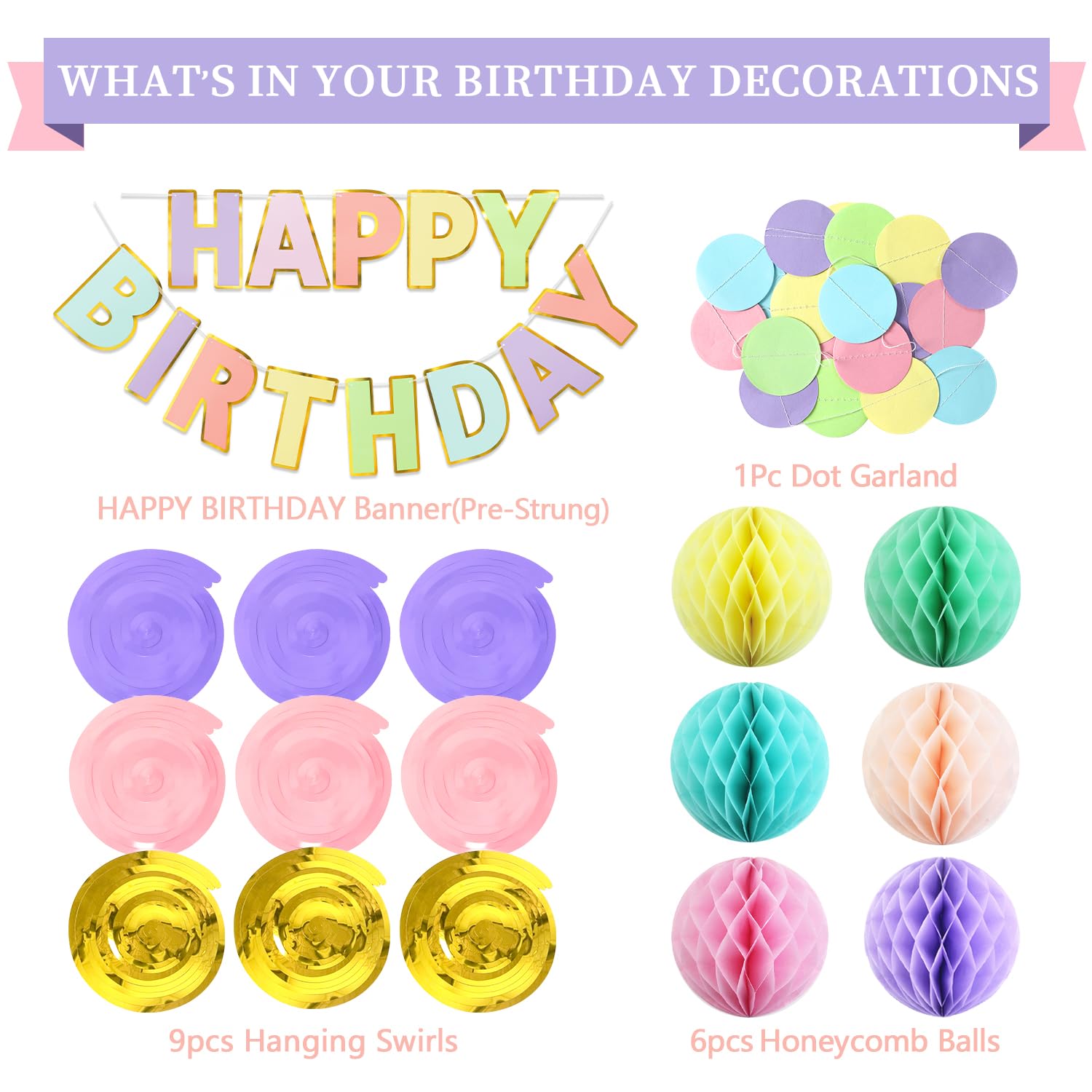 LITAUS Macaron Pastel Birthday Decorations Kit – 17-Piece Pre-Strung Set for Girls, Teens & Adults