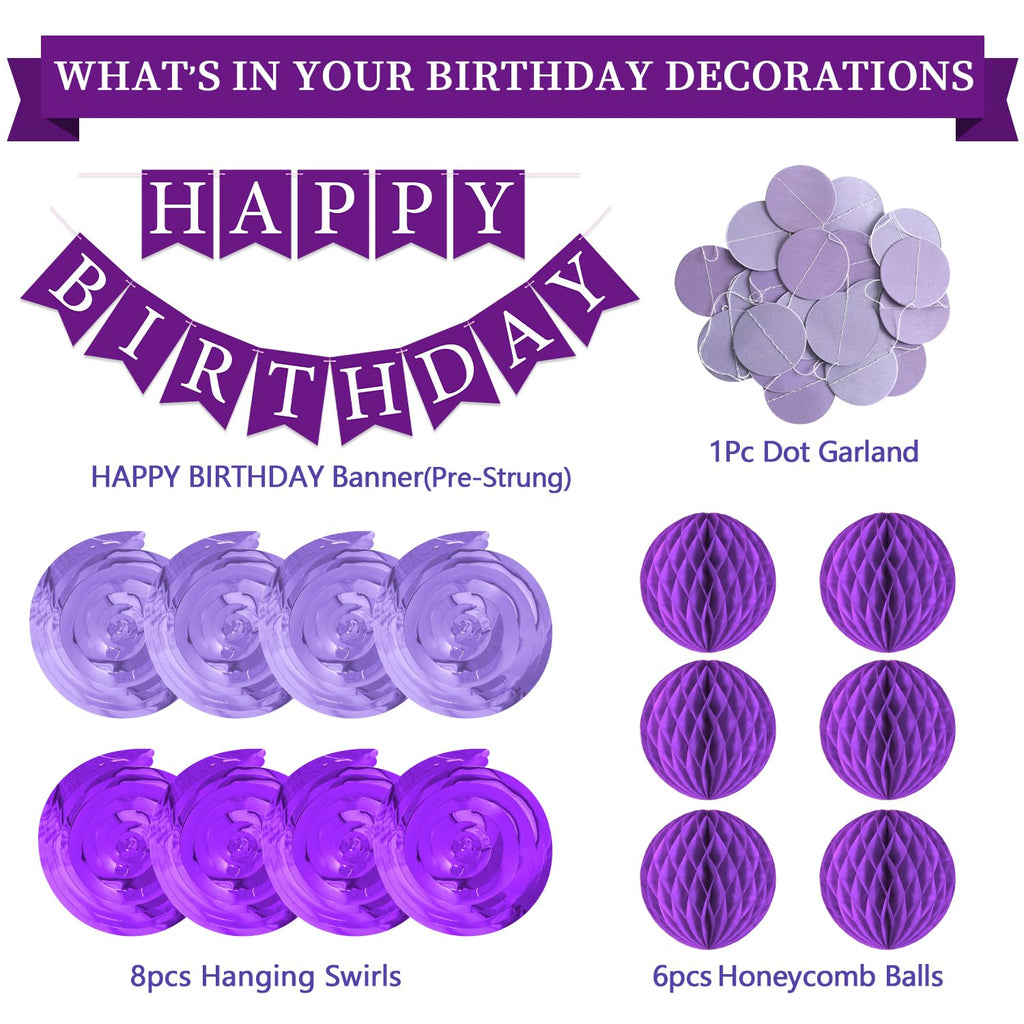 LITAUS Purple Birthday Decorations Kit – 16-Piece Set with Pre-Strung Banner, Honeycomb Balls, Garland & Swirls