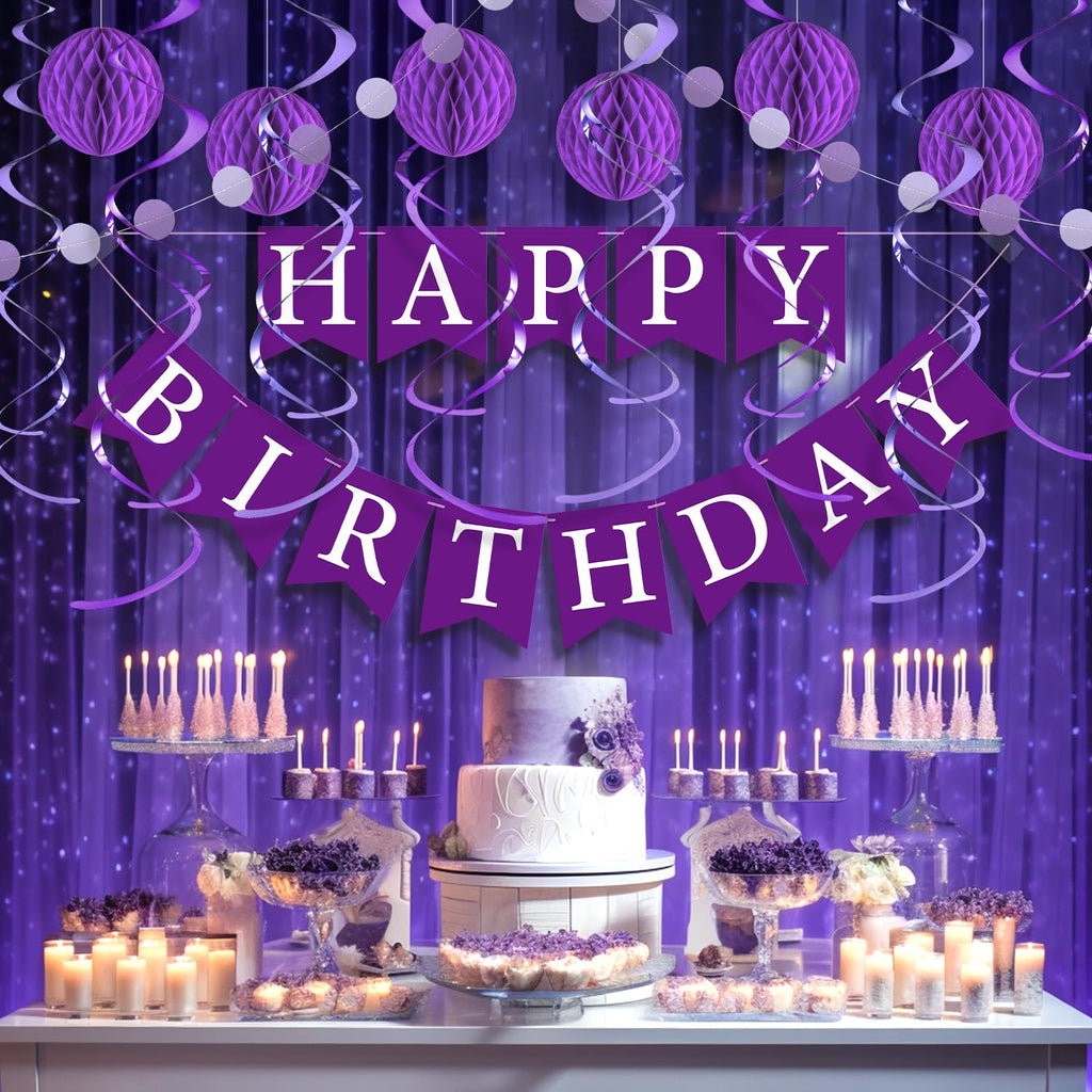 LITAUS Purple Birthday Decorations Kit – 16-Piece Set with Pre-Strung Banner, Honeycomb Balls, Garland & Swirls