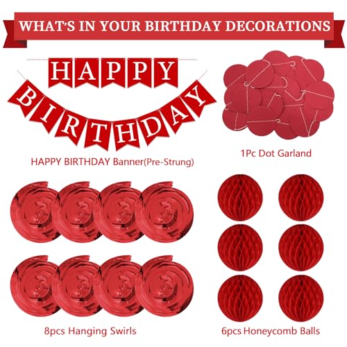 LITAUS Red Birthday Decorations Kit – 16-Piece Set with Pre-Strung Banner, Honeycomb Balls, Garland & Swirls