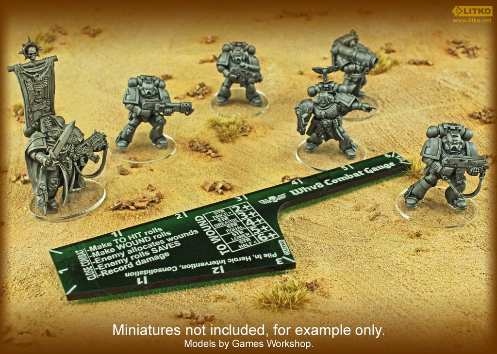 LITKO Translucent Green Close Combat Gauge for Warhammer 40K - 6" 3" 1" ½" Sides with To-Wound Table
