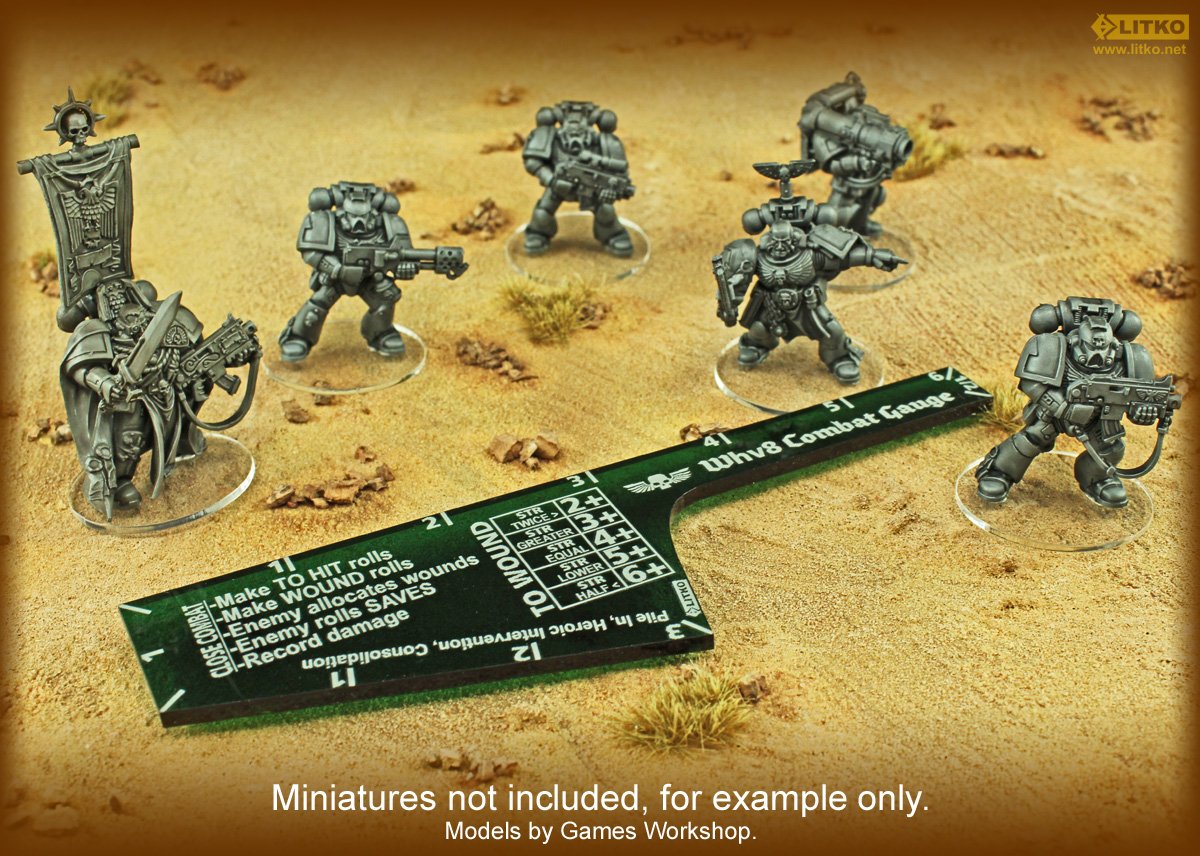 LITKO Translucent Green Close Combat Gauge for Warhammer 40K - 6" 3" 1" ½" Sides with To-Wound Table