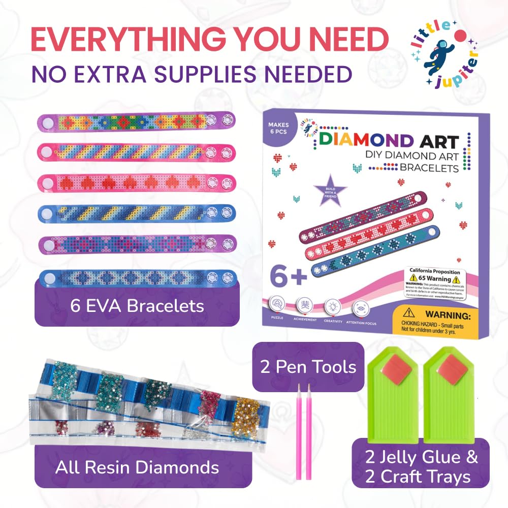 Little Jupiter Diamond Art Bracelet Kit - 6 Pack Snap Bracelets for Kids - DIY Gem Art Craft Set for Ages 6-12