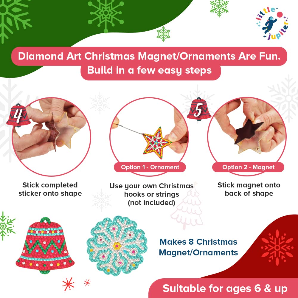 Little Jupiter Diamond Art Christmas Ornament and Magnet Kit - 8 Pieces Craft for Kids Ages 6-12