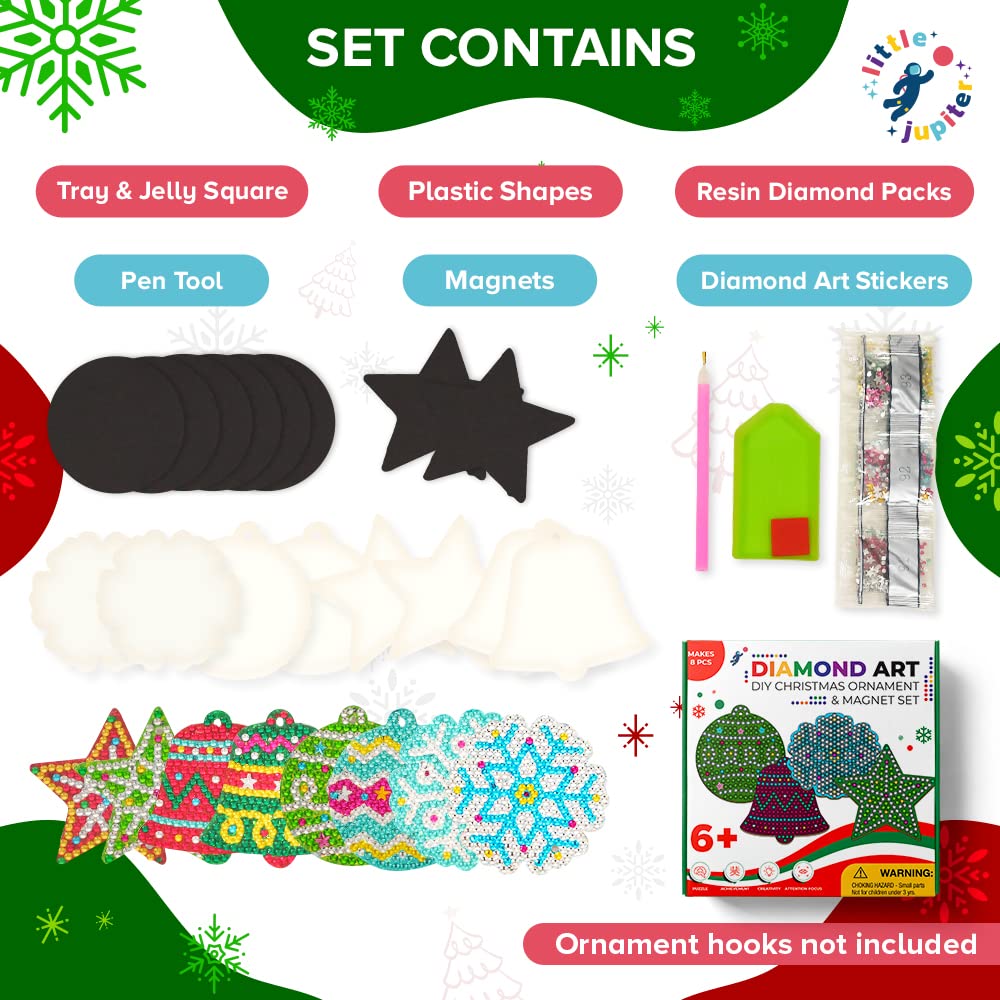 Little Jupiter Diamond Art Christmas Ornament and Magnet Kit - 8 Pieces Craft for Kids Ages 6-12
