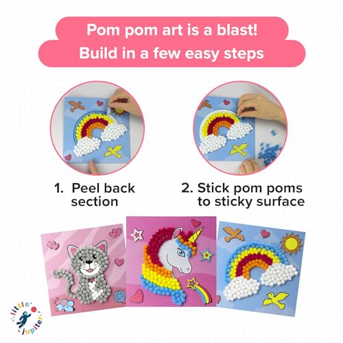 Little Jupiter DIY Pom Pom Art Kit for Kids Ages 3-5 – Set 2: Unicorn, Rainbow, Cat – Toddler Craft Activity