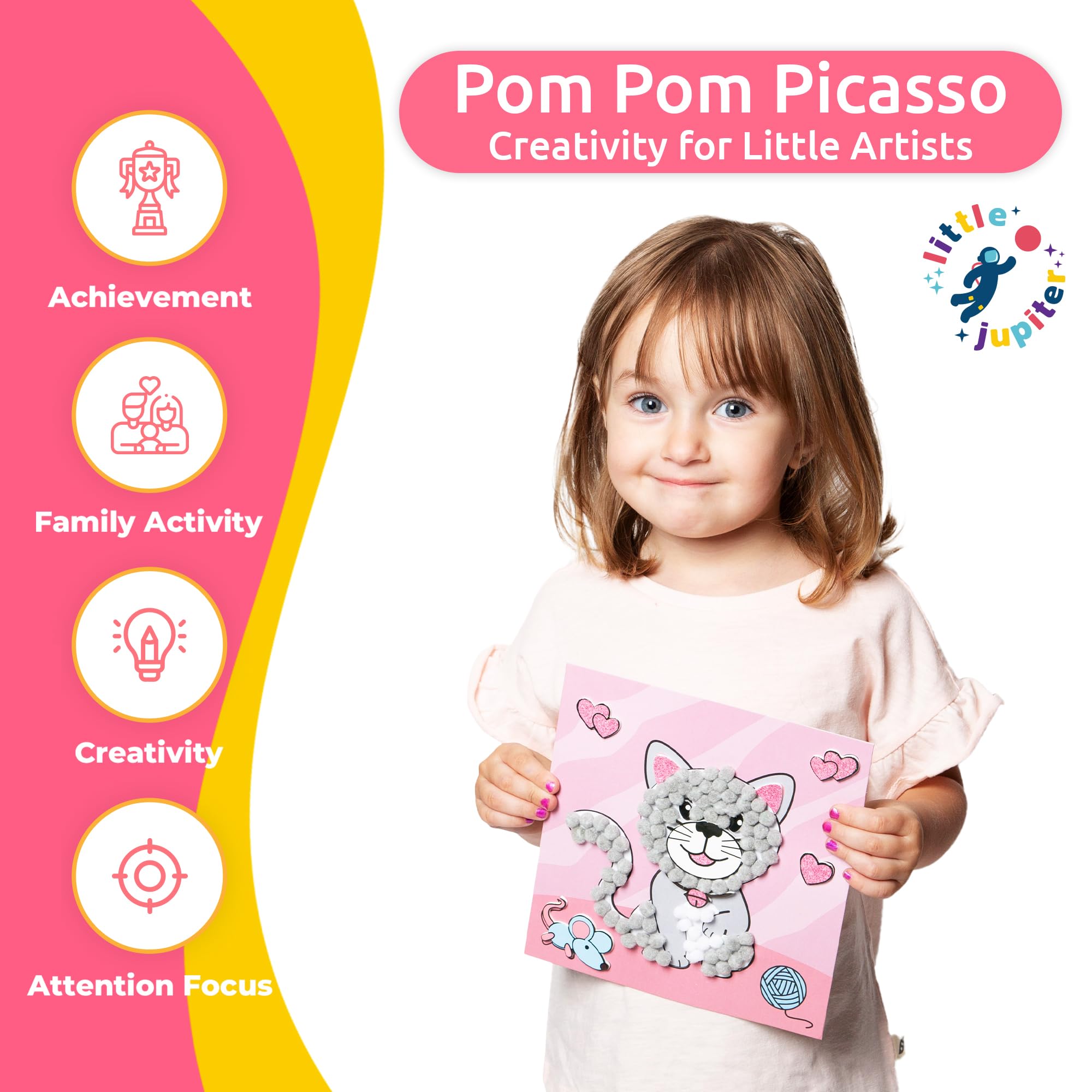 Little Jupiter DIY Pom Pom Art Kit for Kids Ages 3-5 – Set 2: Unicorn, Rainbow, Cat – Toddler Craft Activity