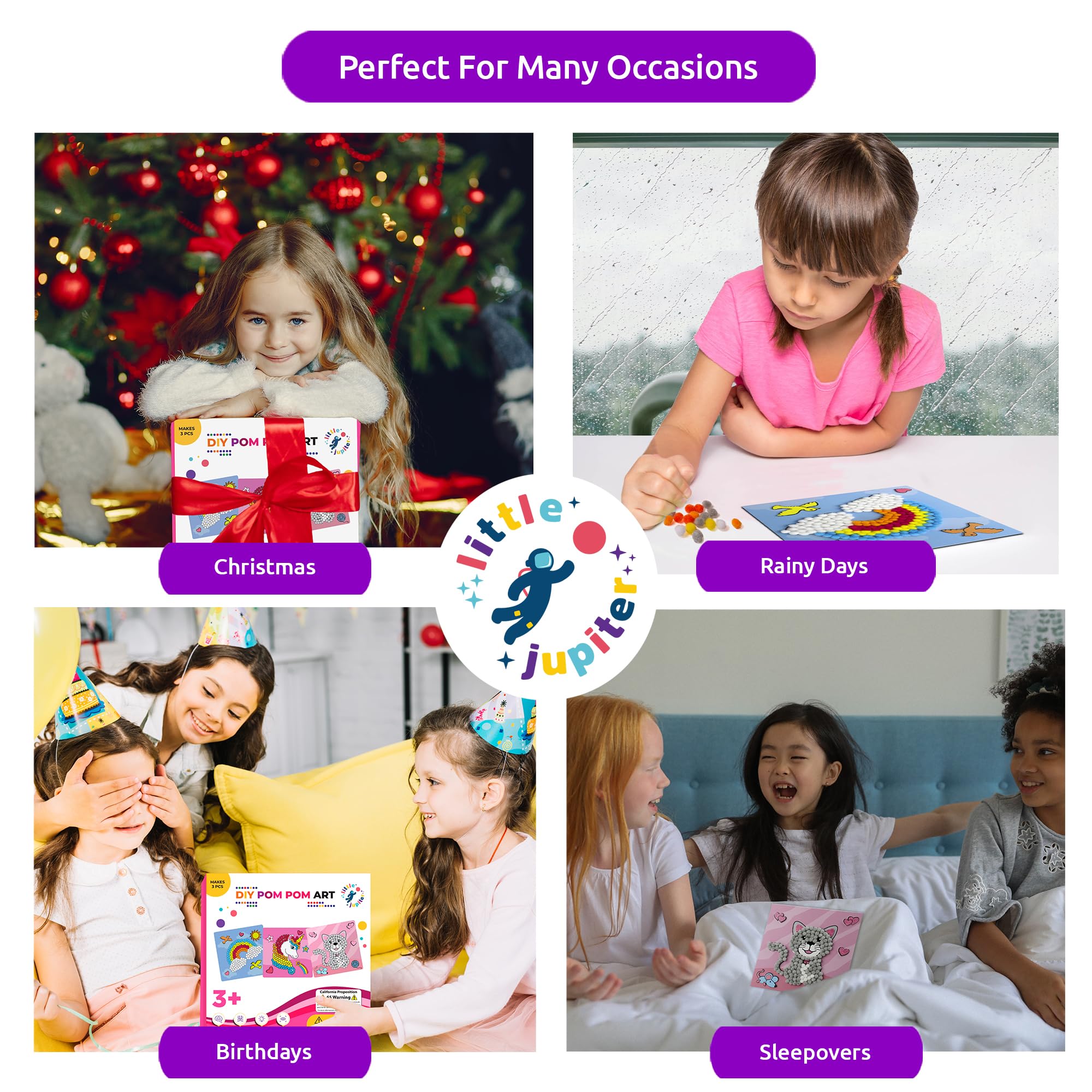 Little Jupiter DIY Pom Pom Art Kit for Kids Ages 3-5 – Set 2: Unicorn, Rainbow, Cat – Toddler Craft Activity