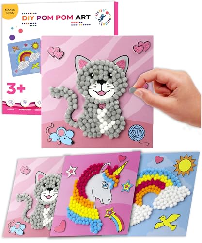 Little Jupiter DIY Pom Pom Art Kit for Kids Ages 3-5 – Set 2: Unicorn, Rainbow, Cat – Toddler Craft Activity